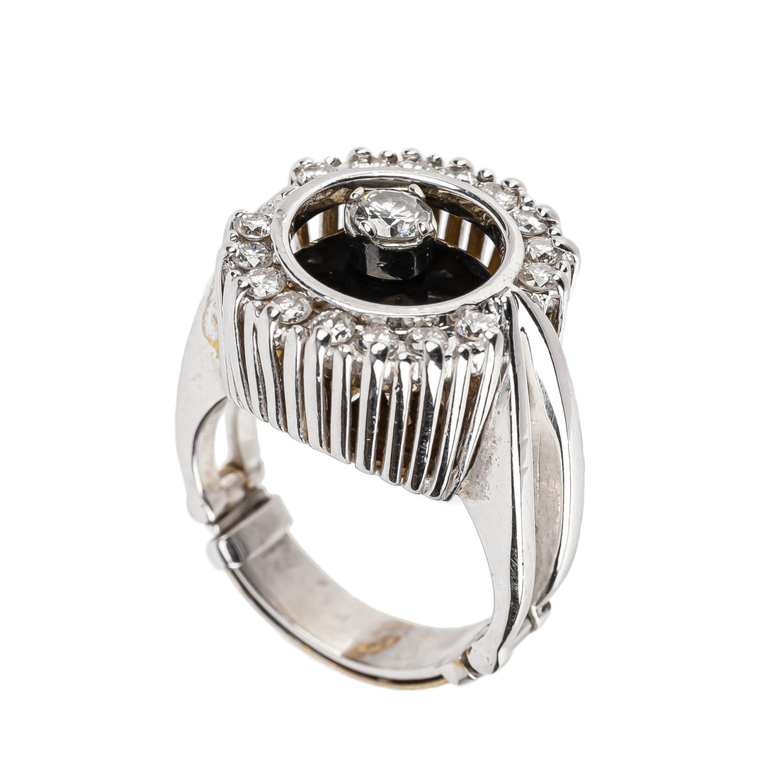 14K White & Yellow Gold Rhodium Plated Spinning Onyx Diamond Ring