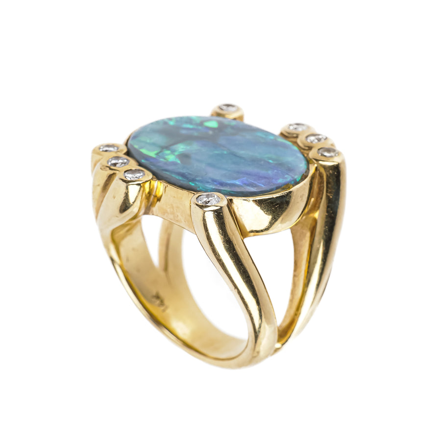 14K Yellow Gold  Black Opal Diamond Ring
