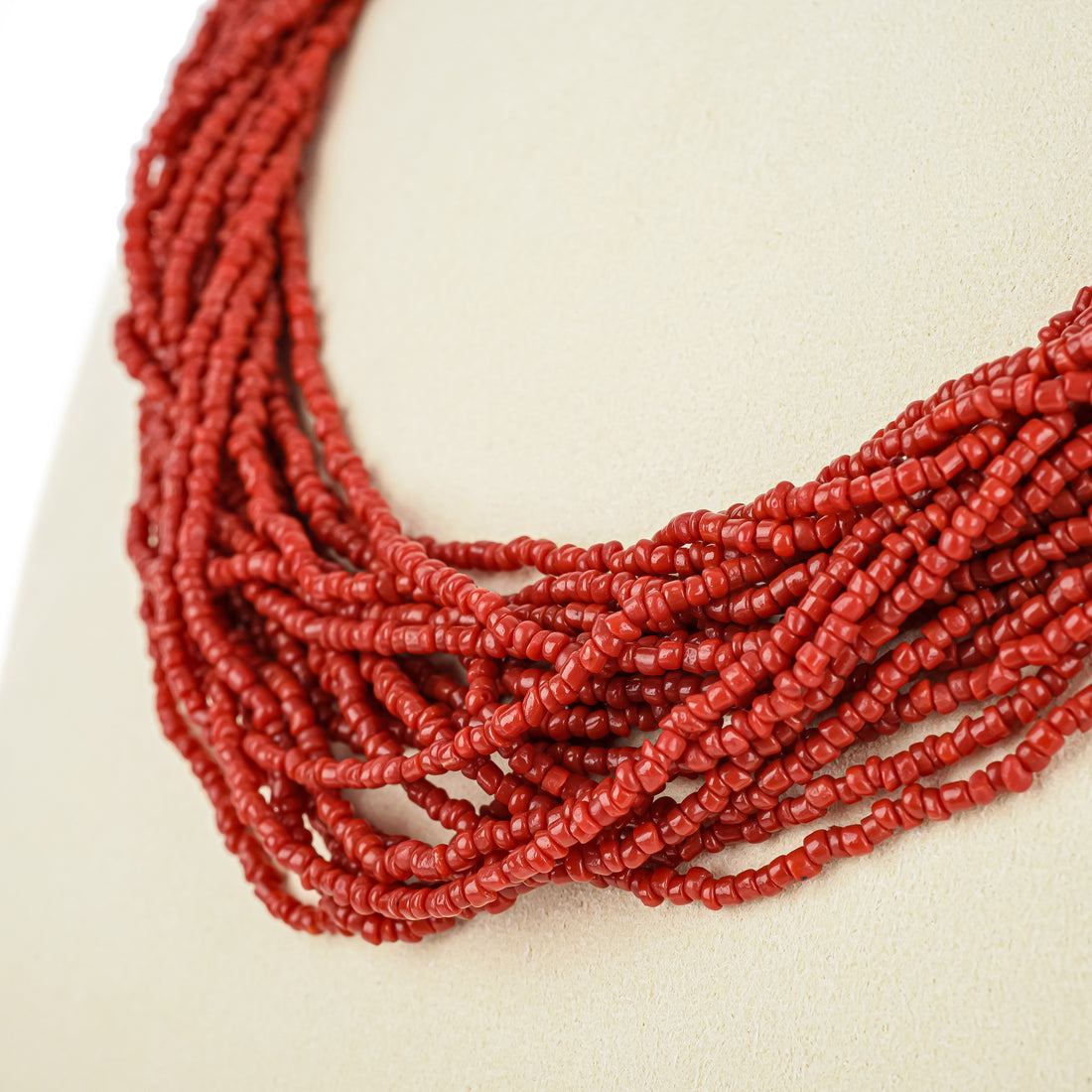 Red Coral Seed Bead Twenty-Strand Torsade Necklace