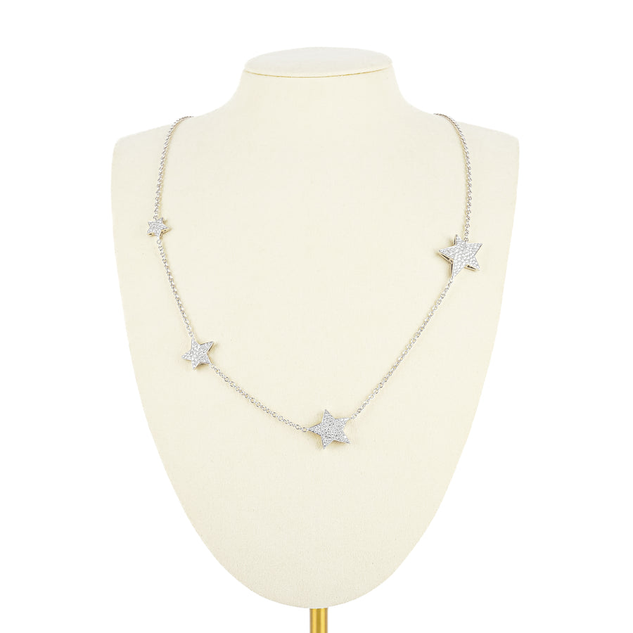 18K White Gold White Black Diamond Pave Star Station Necklace