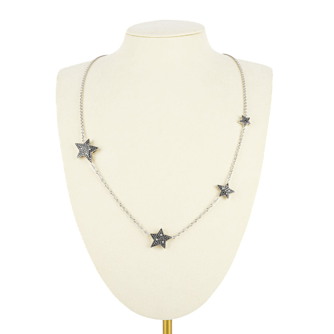 18K White Gold White Black Diamond Pave Star Station Necklace