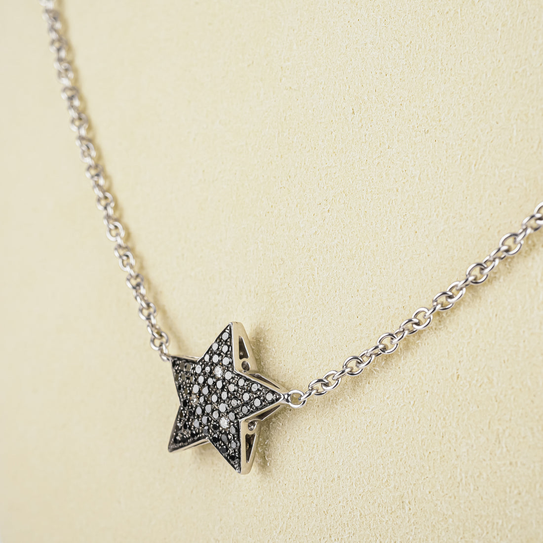 18K White Gold White Black Diamond Pave Star Station Necklace