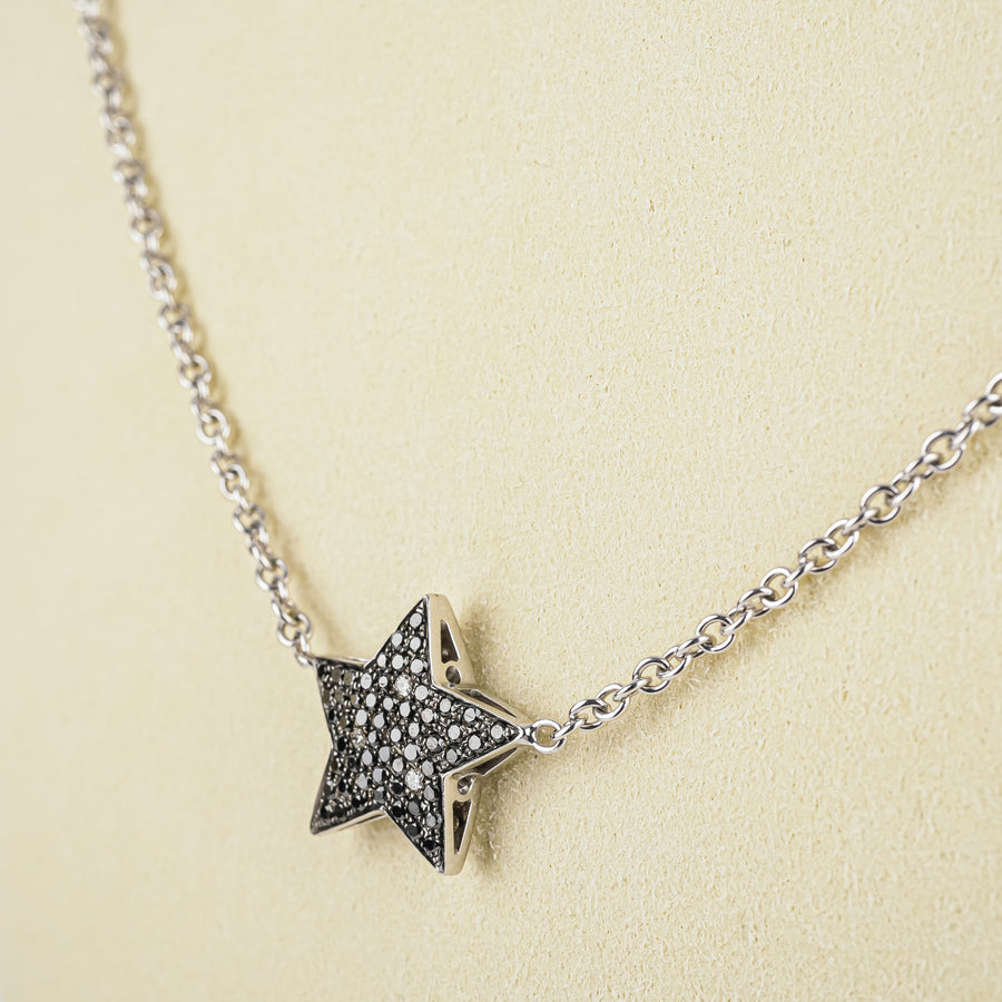 18K White Gold White Black Diamond Pave Star Station Necklace