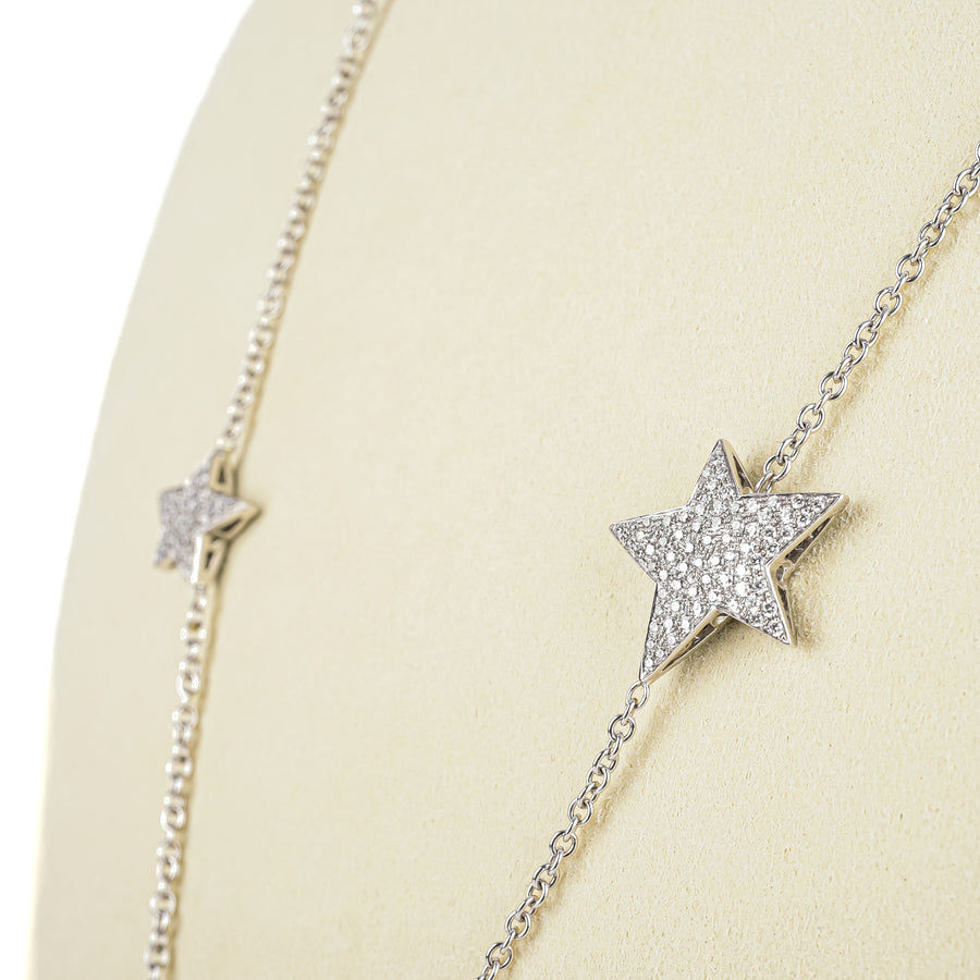 18K White Gold White Black Diamond Pave Star Station Necklace