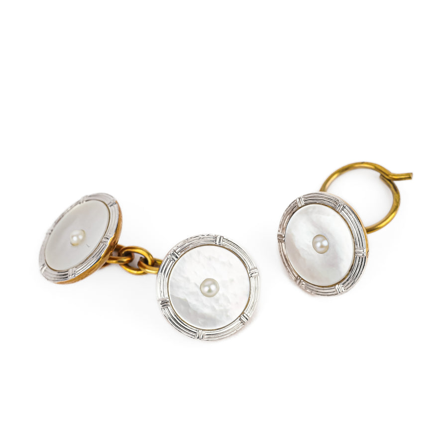 18K Yellow Gold Mother Of Pearl And Pearl Cufflinks And 4 Buttons Set