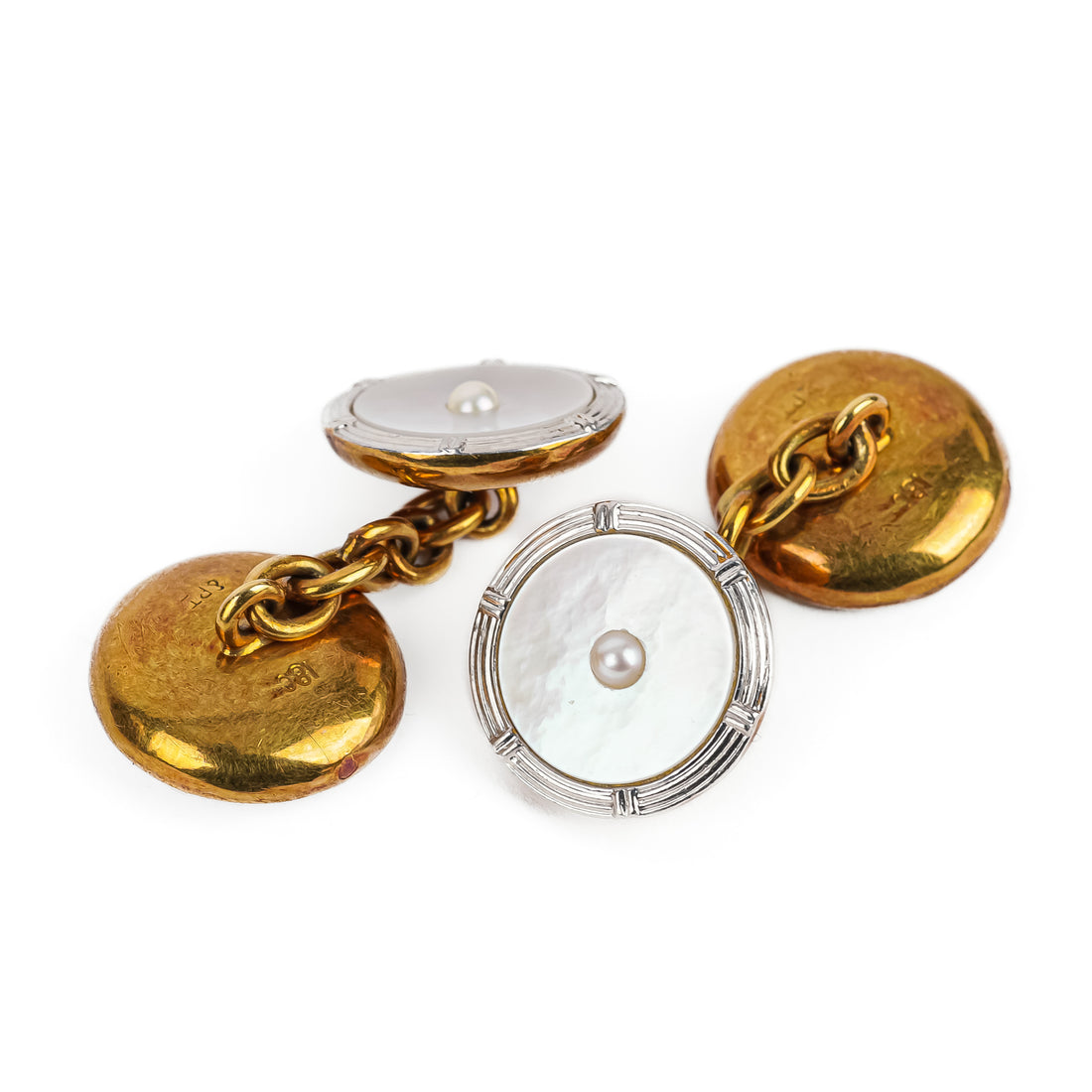 18K Yellow Gold Mother Of Pearl And Pearl Cufflinks And 4 Buttons Set