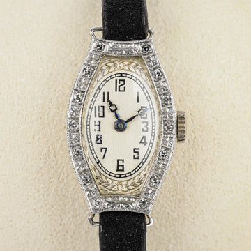 ROLEX Antique Platinum Diamond Ladies Watch -Black Leather