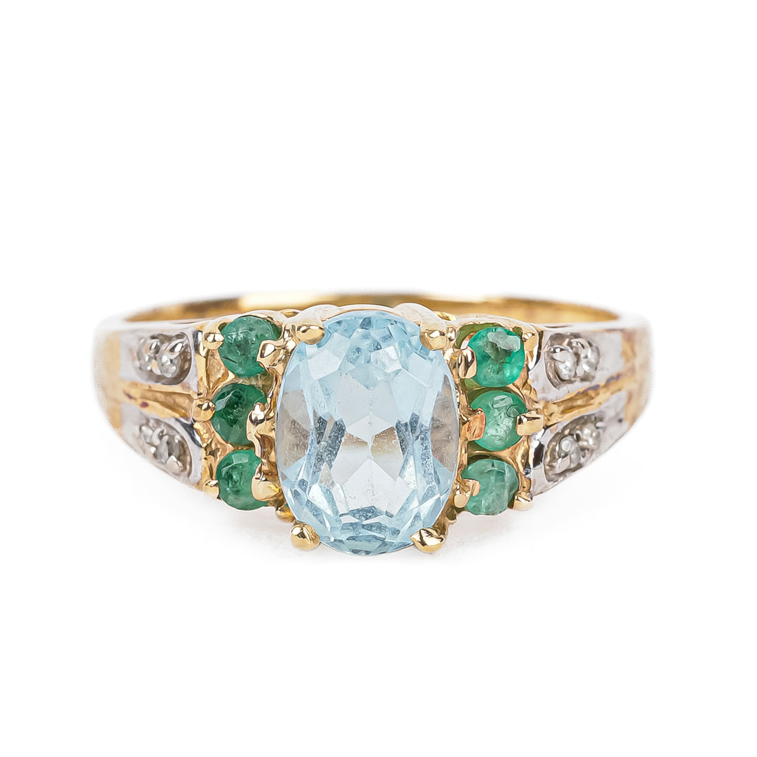 14K Yellow Gold Oval Blue Topaz Emerald Diamond Ring