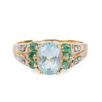 14K Yellow Gold Oval Blue Topaz Emerald Diamond Ring