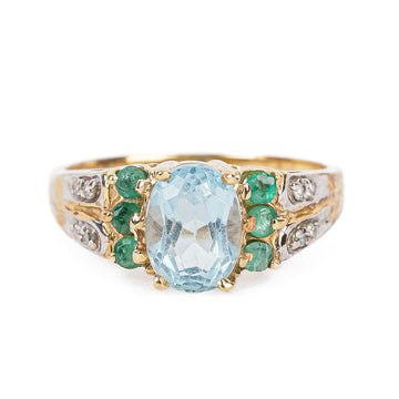 14K Yellow Gold Oval Blue Topaz Emerald Diamond Ring
