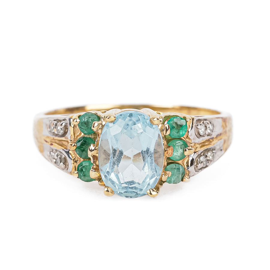 14K Yellow Gold Oval Blue Topaz Emerald Diamond Ring