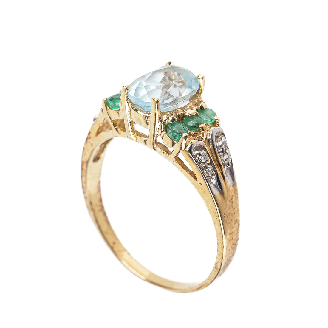 14K Yellow Gold Oval Blue Topaz Emerald Diamond Ring