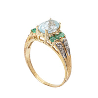 14K Yellow Gold Oval Blue Topaz Emerald Diamond Ring