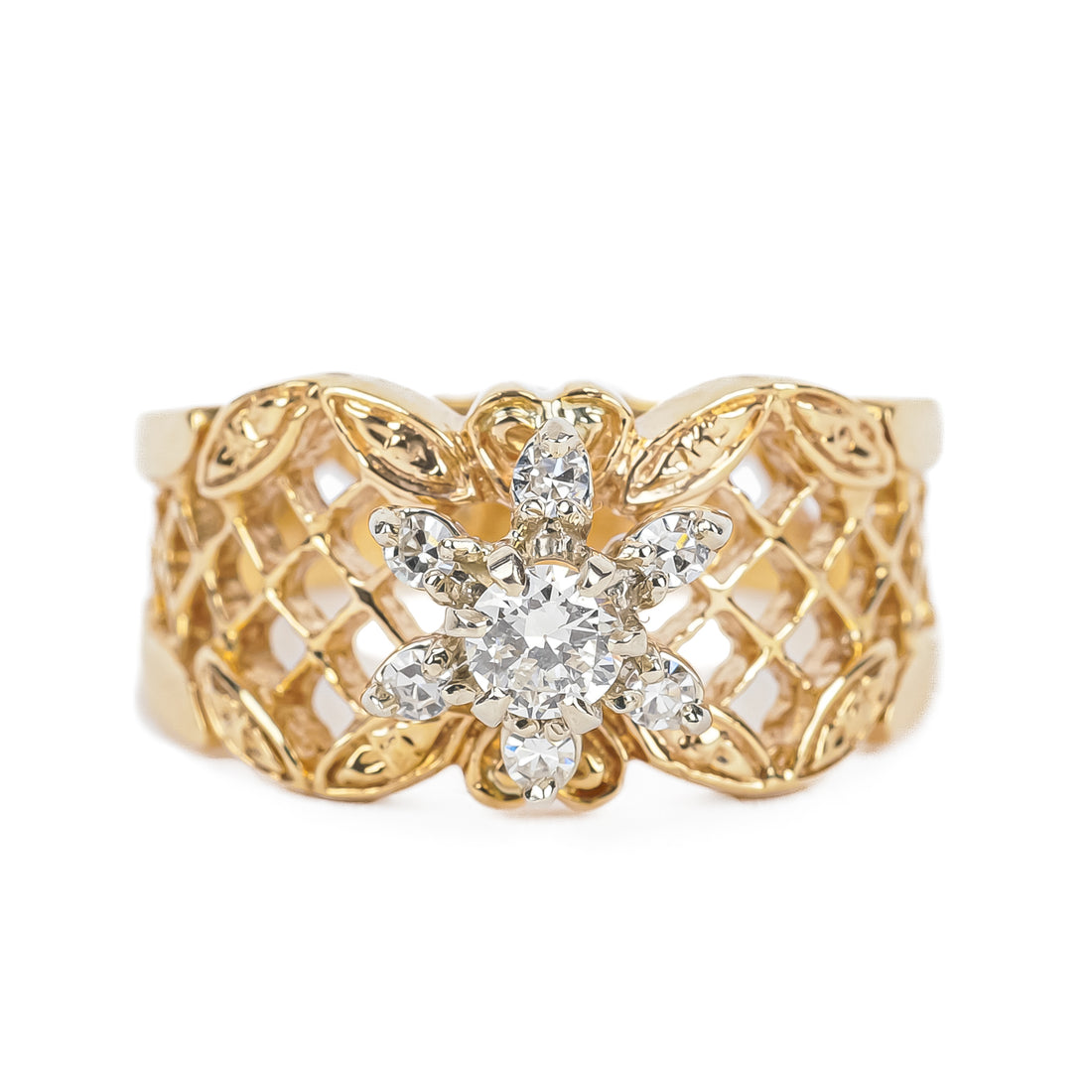 14K Yellow Gold Diamond Cluster Openwork Ring
