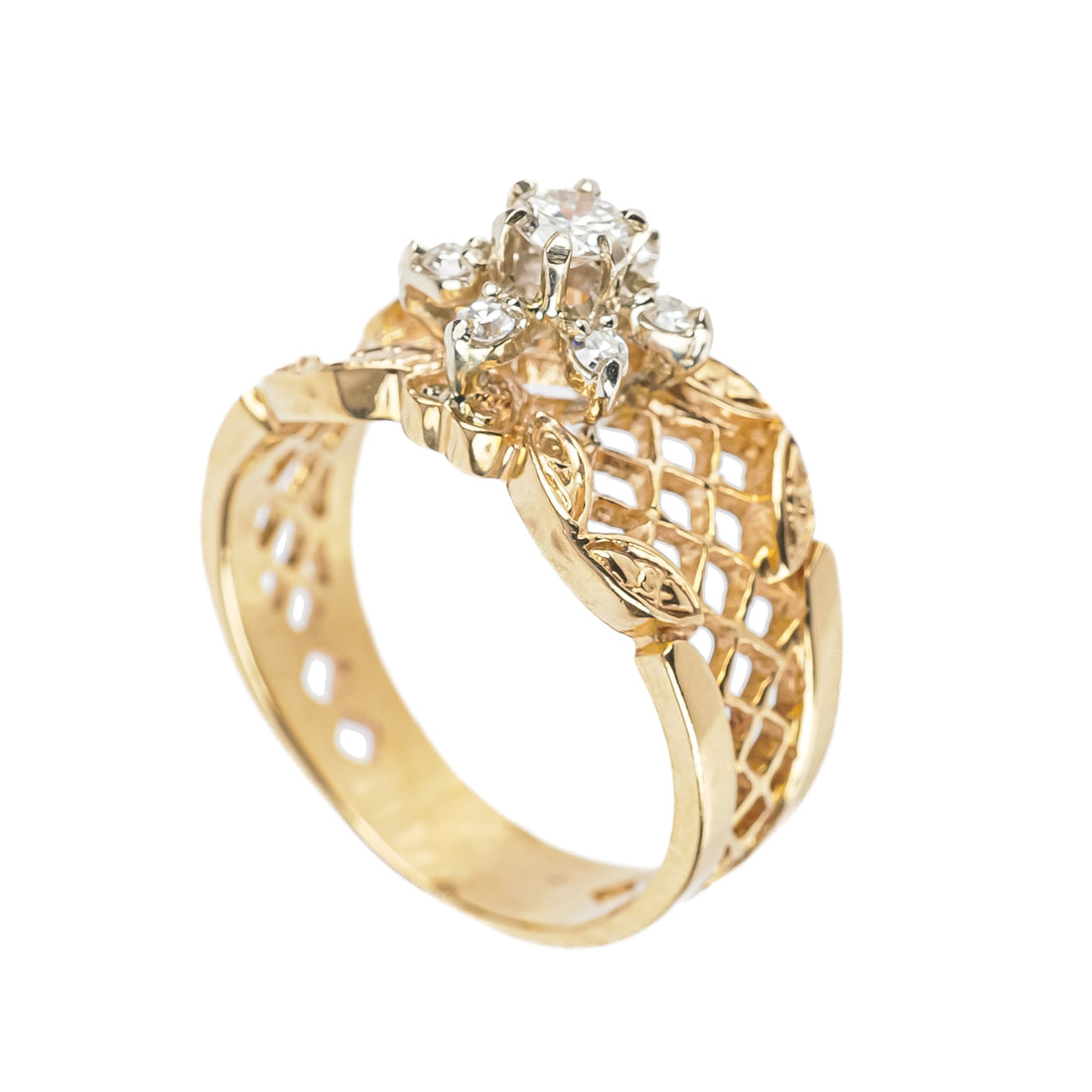 14K Yellow Gold Diamond Cluster Openwork Ring