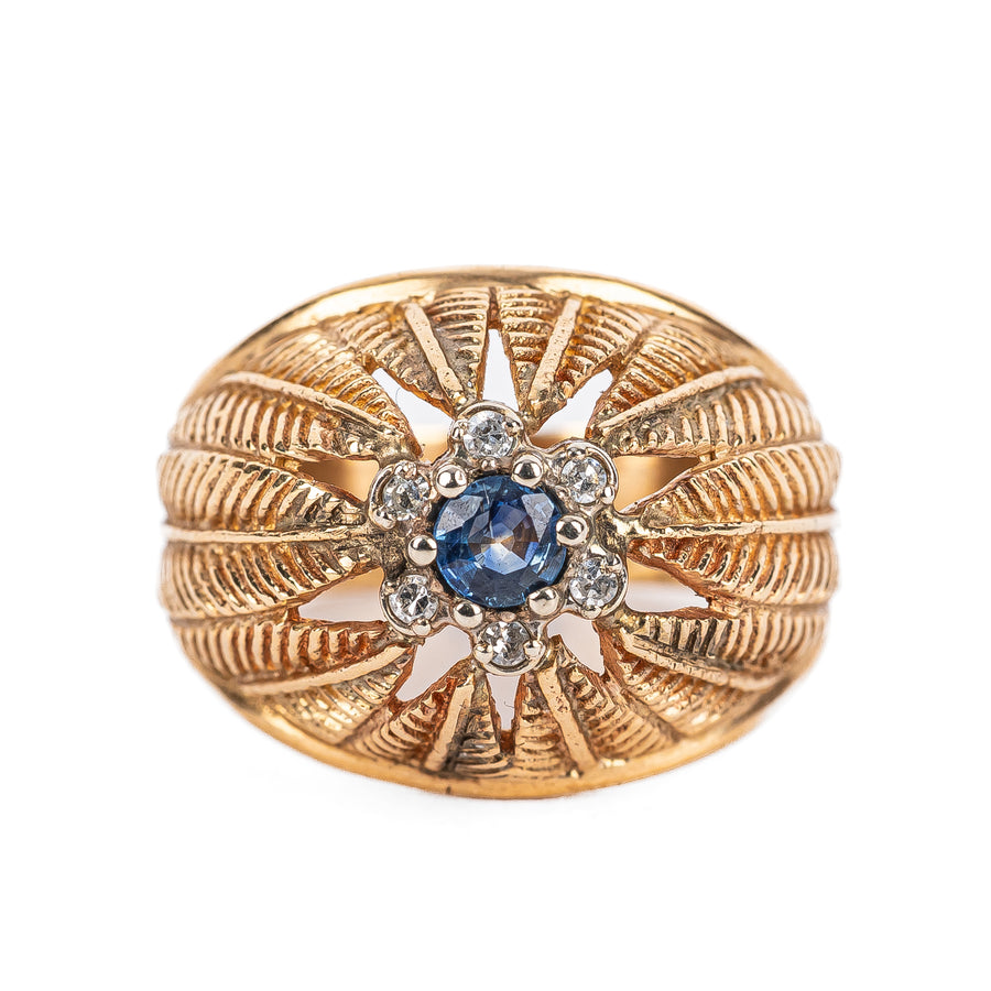 14K Yellow Gold Sapphire Diamond Leaf Ring