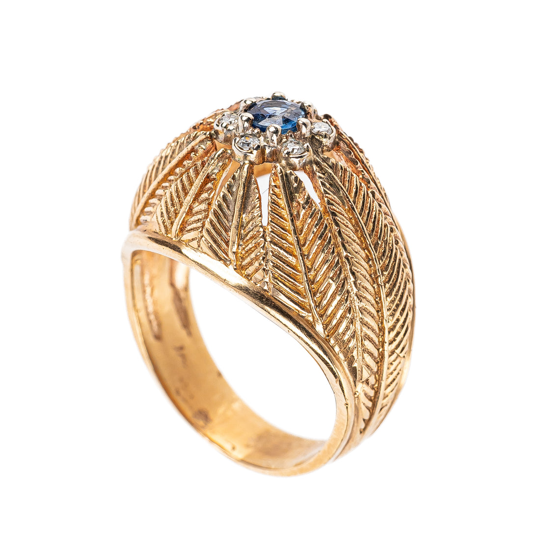 14K Yellow Gold Sapphire Diamond Leaf Ring