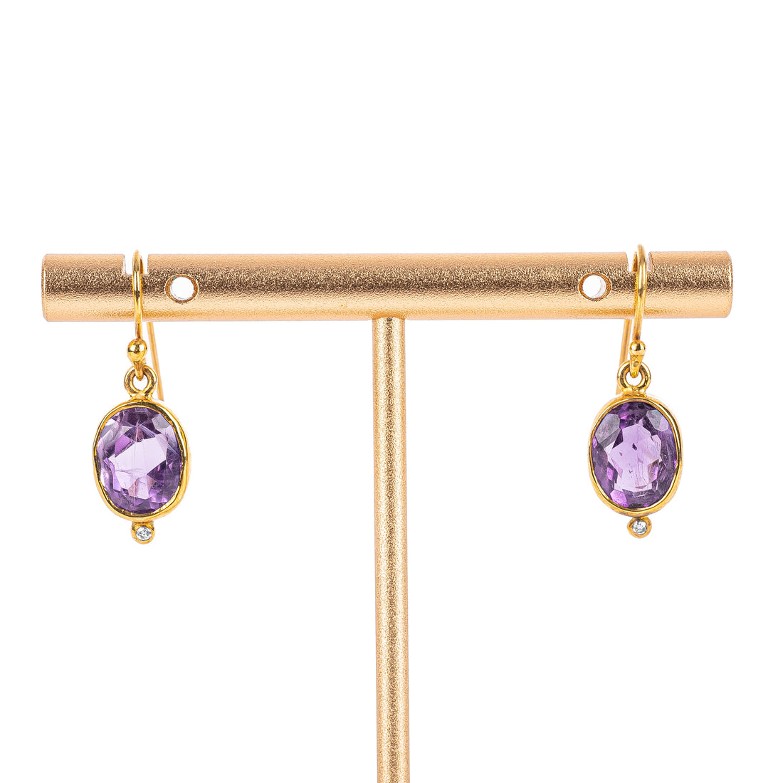9K Yellow Gold Oval Amethyst Diamond Drop Earrings