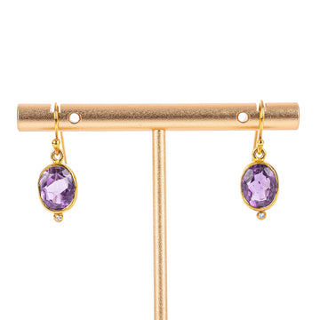 9K Yellow Gold Oval Amethyst Diamond Drop Earrings