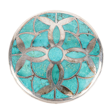 TOM BAHE Navajo Silver Turquoise Inlaid Belt Buckle