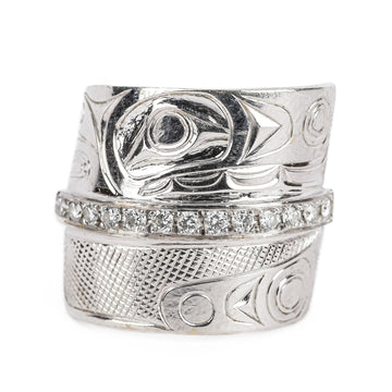 14K White Gold Diamond Chased Bypass Haida Ring