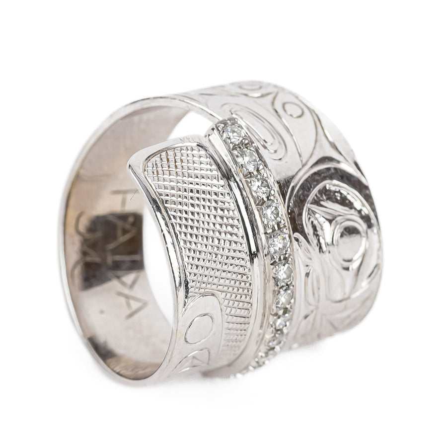 14K White Gold Diamond Chased Bypass Haida Ring