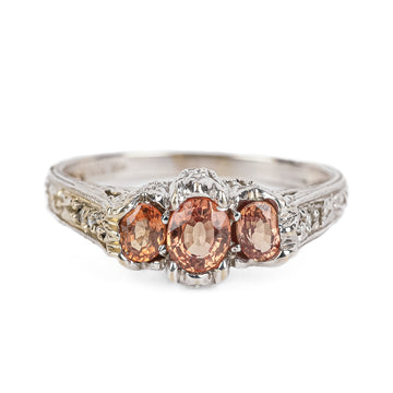 14K White Gold Oval Orange Sapphire 3 Stone Diamond Ring