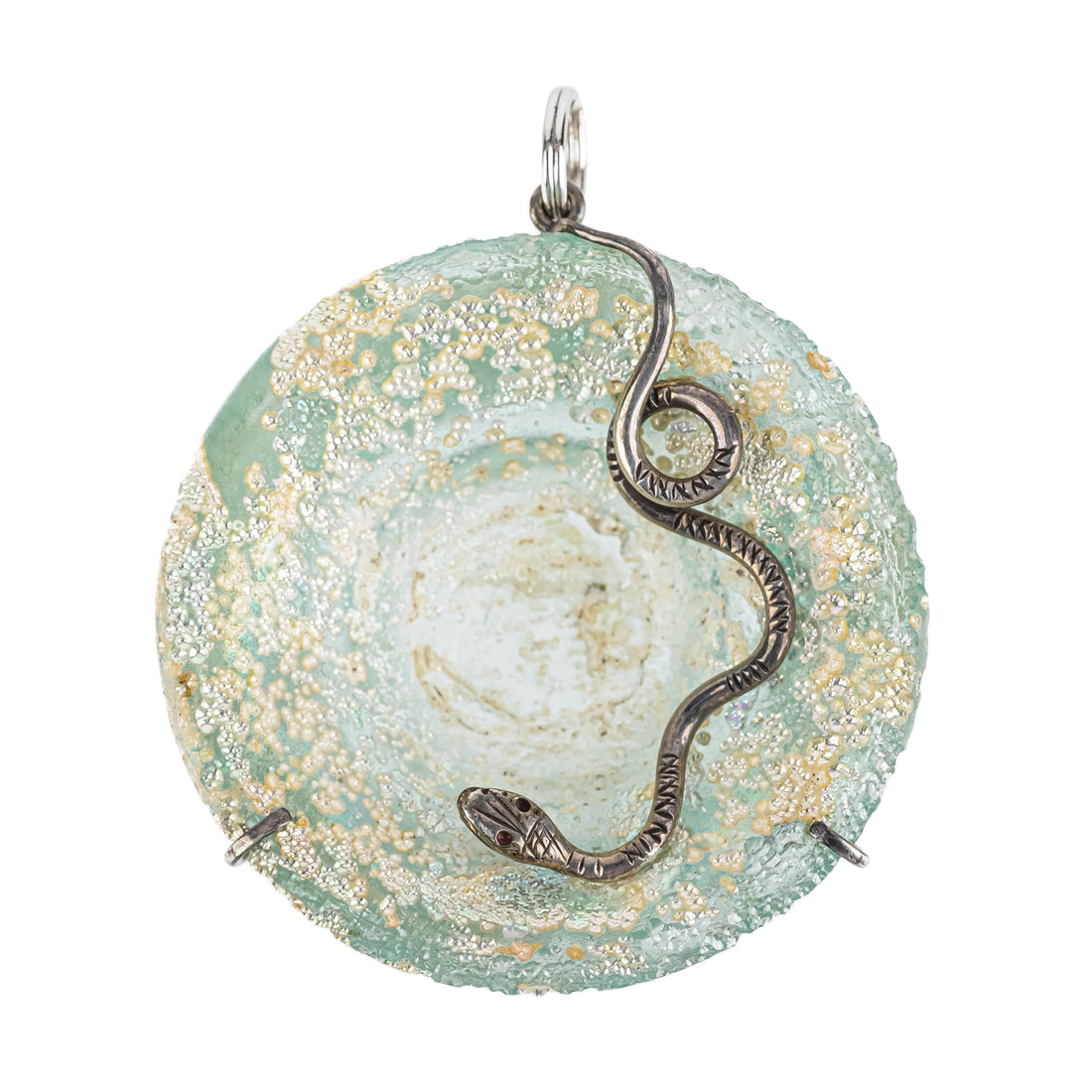 Roman Glass Round Pendant with Silver Snake
