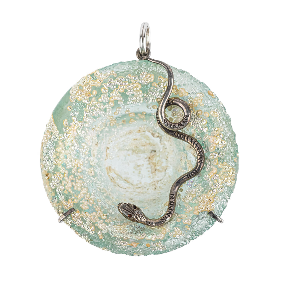 Roman Glass Round Pendant with Silver Snake