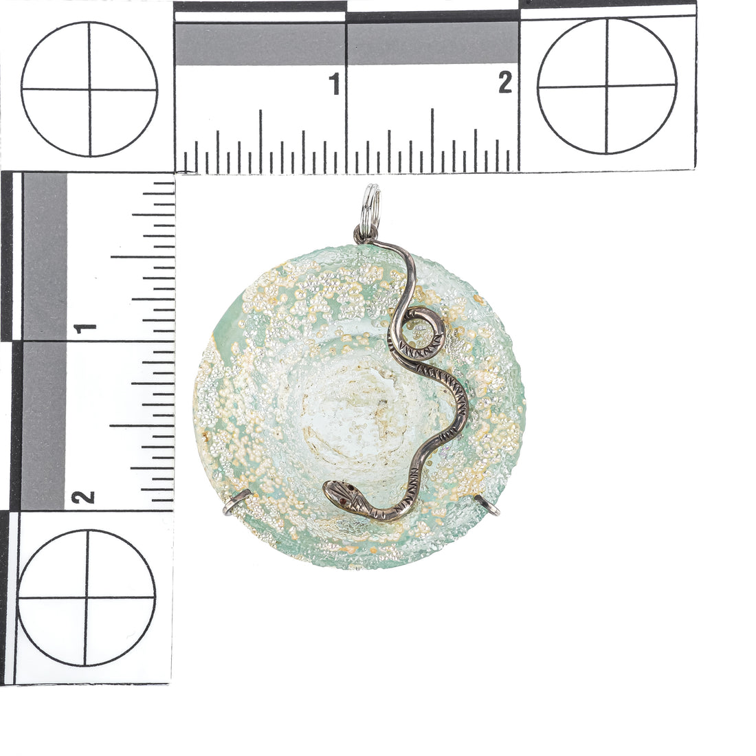 Roman Glass Round Pendant with Silver Snake