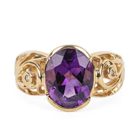 10K Yellow Gold Oval Amethyst Diamond Openwork Ring