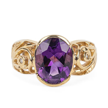 10K Yellow Gold Oval Amethyst Diamond Openwork Ring