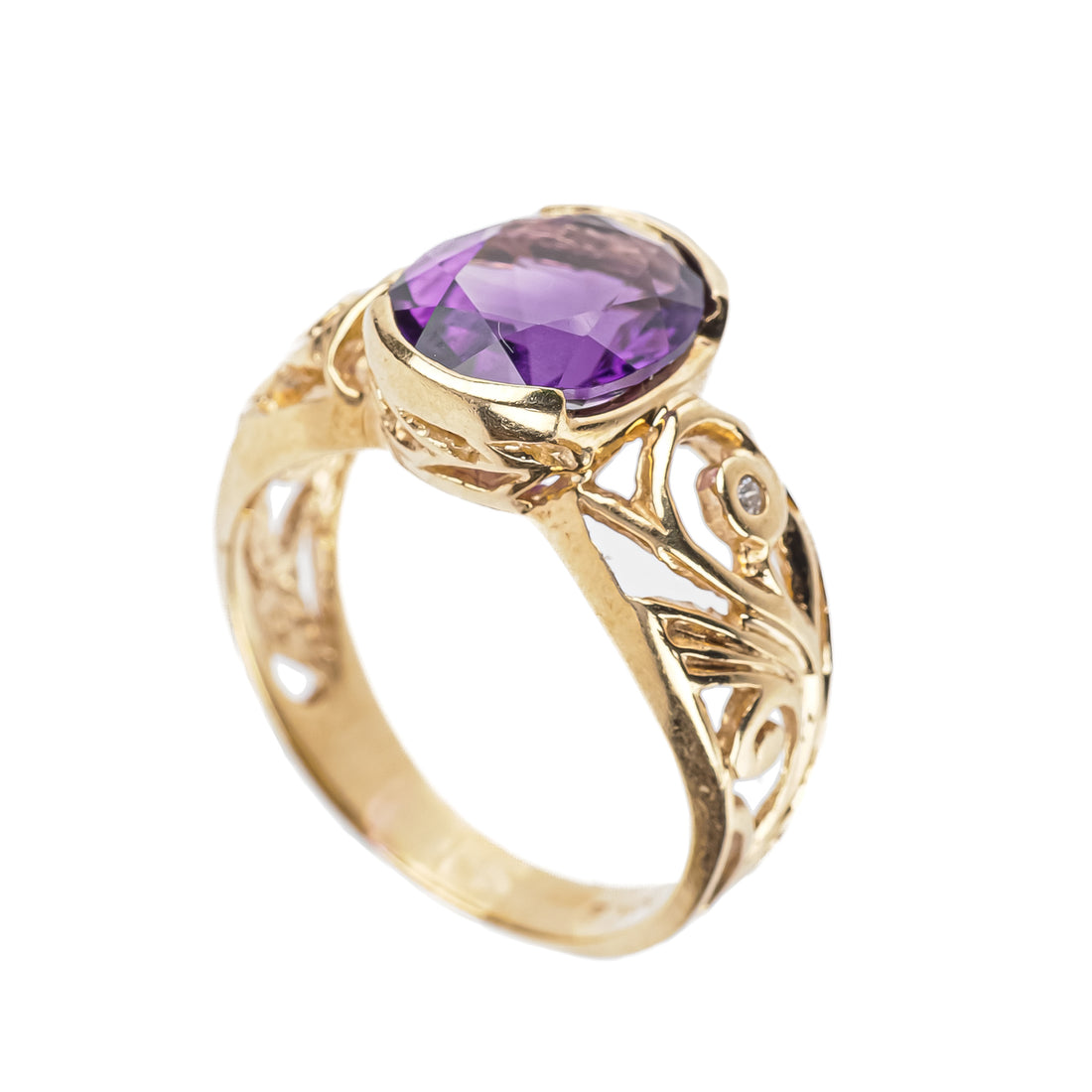 10K Yellow Gold Oval Amethyst Diamond Openwork Ring