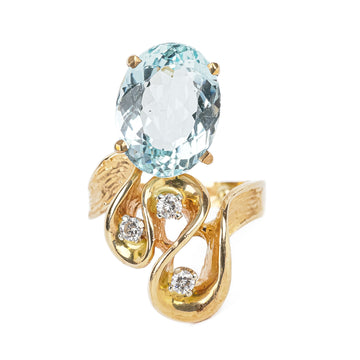 14K Yellow Gold Aquamarine And Diamond Wave Ring