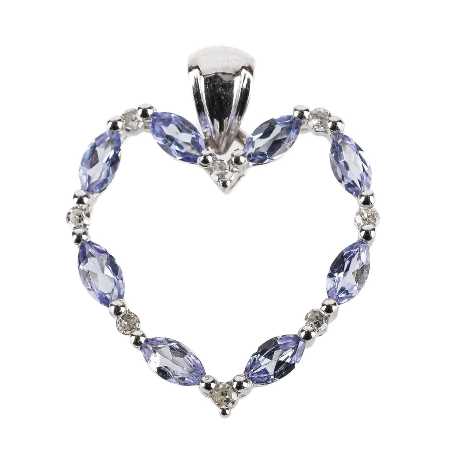 14K White Gold Marquise Tanzanite Diamond Open Heart Pendant