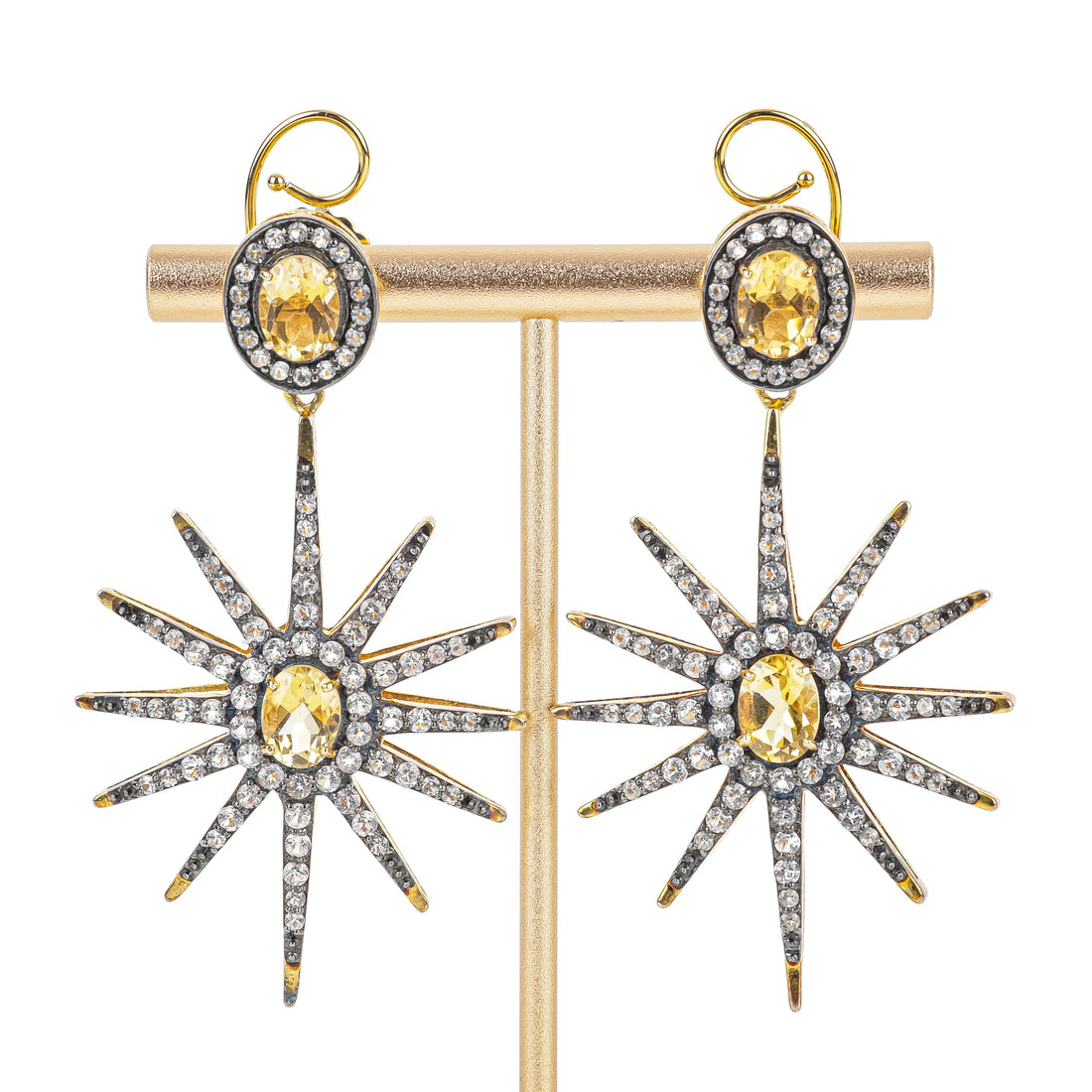 Gold Plated Oxidized Sterling Silver Starburst Citrine Drop Earrings