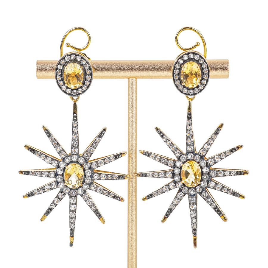 Gold Plated Oxidized Sterling Silver Starburst Citrine Drop Earrings