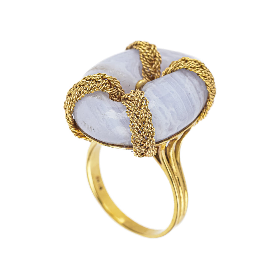 18K Yellow Gold Chalcedony Braided Chain Ring Around The Block