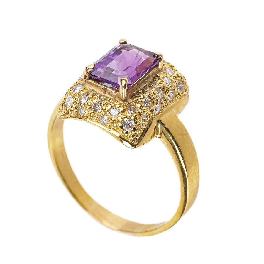 18K Yellow Gold Amethyst Diamond Ring