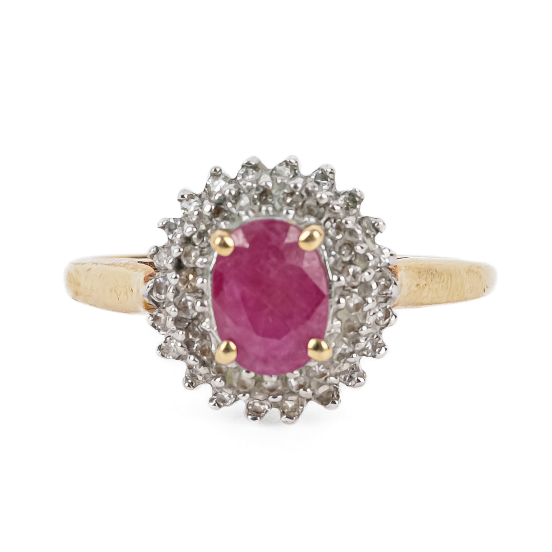 14K Yellow & White Gold Oval Ruby Diamond Halo Ring
