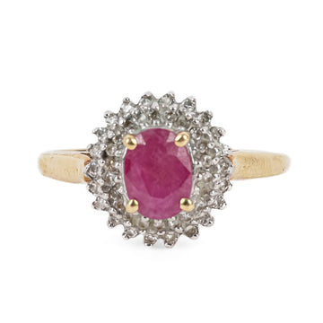 14K Yellow & White Gold Oval Ruby Diamond Halo Ring