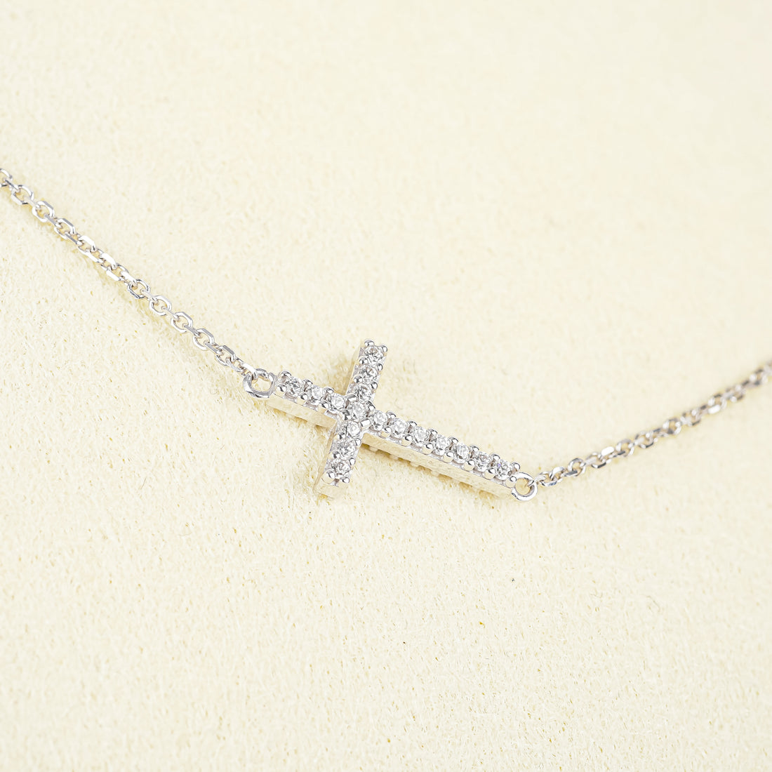 18K White Gold & Cubic Zirconia Horizontal Cross Pendant Necklace