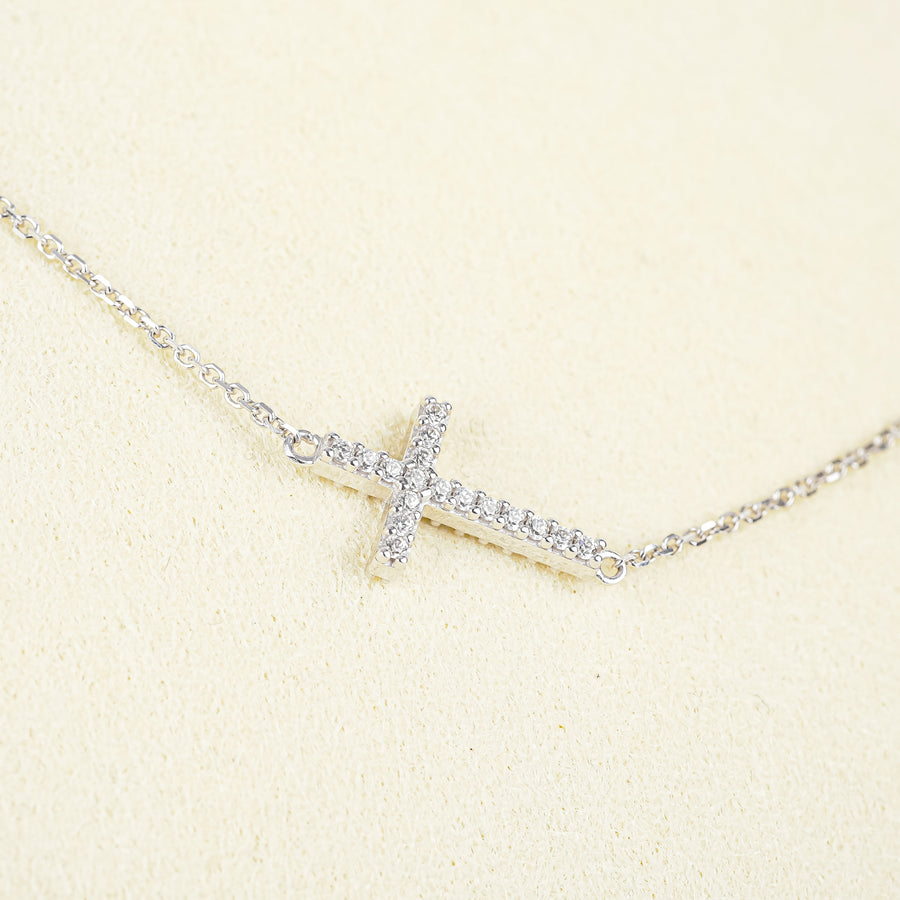 18K White Gold & Cubic Zirconia Horizontal Cross Pendant Necklace