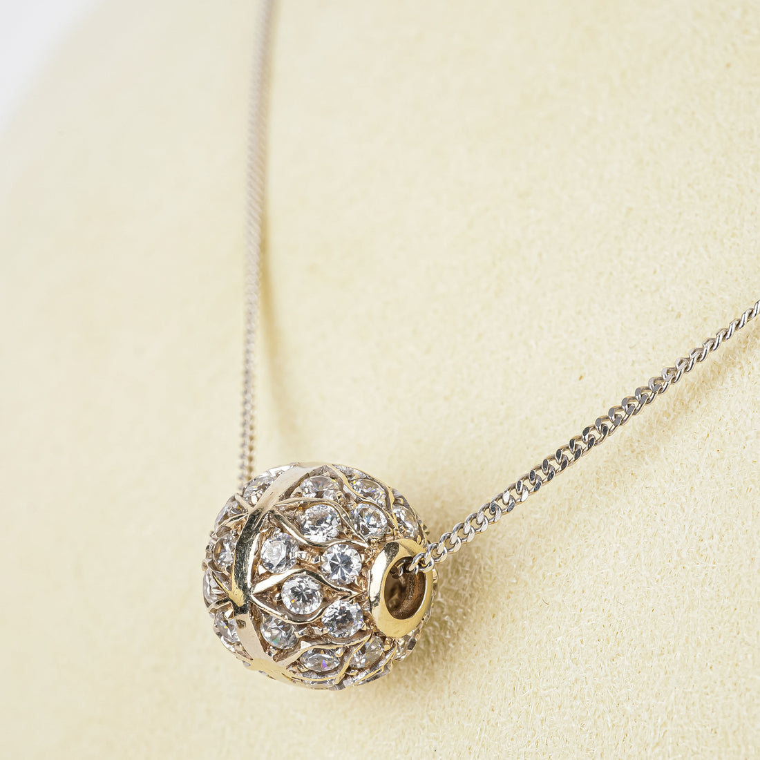 18K Rhodium Plated Yellow Gold w/Cubic Zirconia Sliding Ball Pendant Necklace