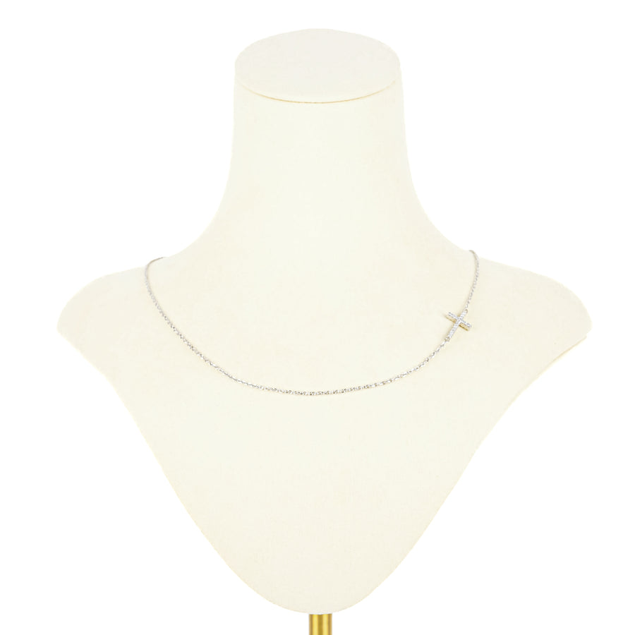18K White Gold Cubic Zirconia  Horizontal Cross Pendant Necklace