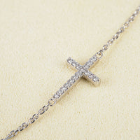 18K White Gold Cubic Zirconia  Horizontal Cross Pendant Necklace
