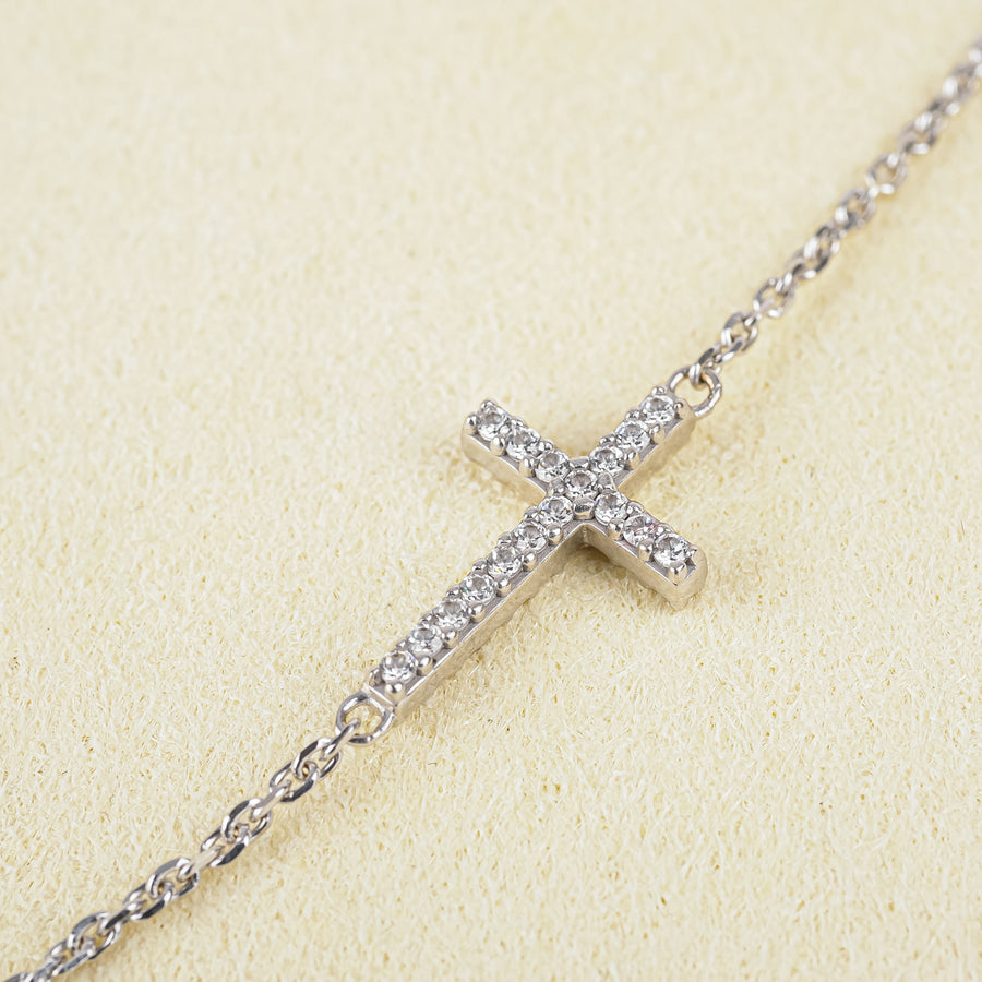 18K White Gold Cubic Zirconia  Horizontal Cross Pendant Necklace