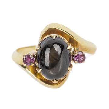 14K Yellow Gold Black Star Sapphire Cabochon Ruby Ring