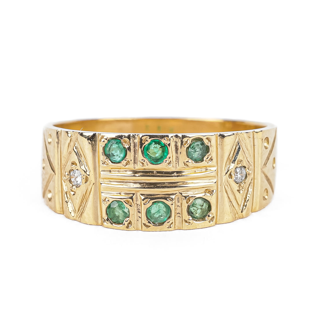 14K Yellow Gold Emerald Diamond Band Ring