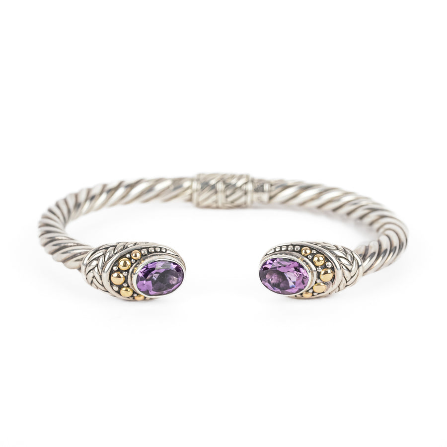 SAMUEL B Sterling & 18K Amethyst Hinged Cuff Bracelet